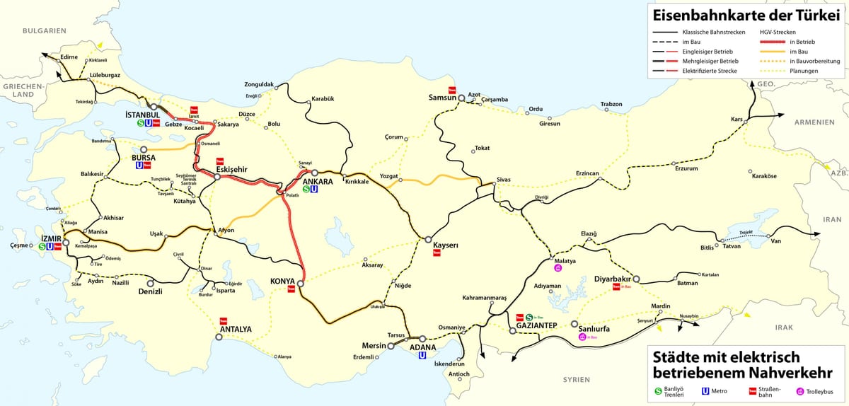 mapa Turecka, železniční