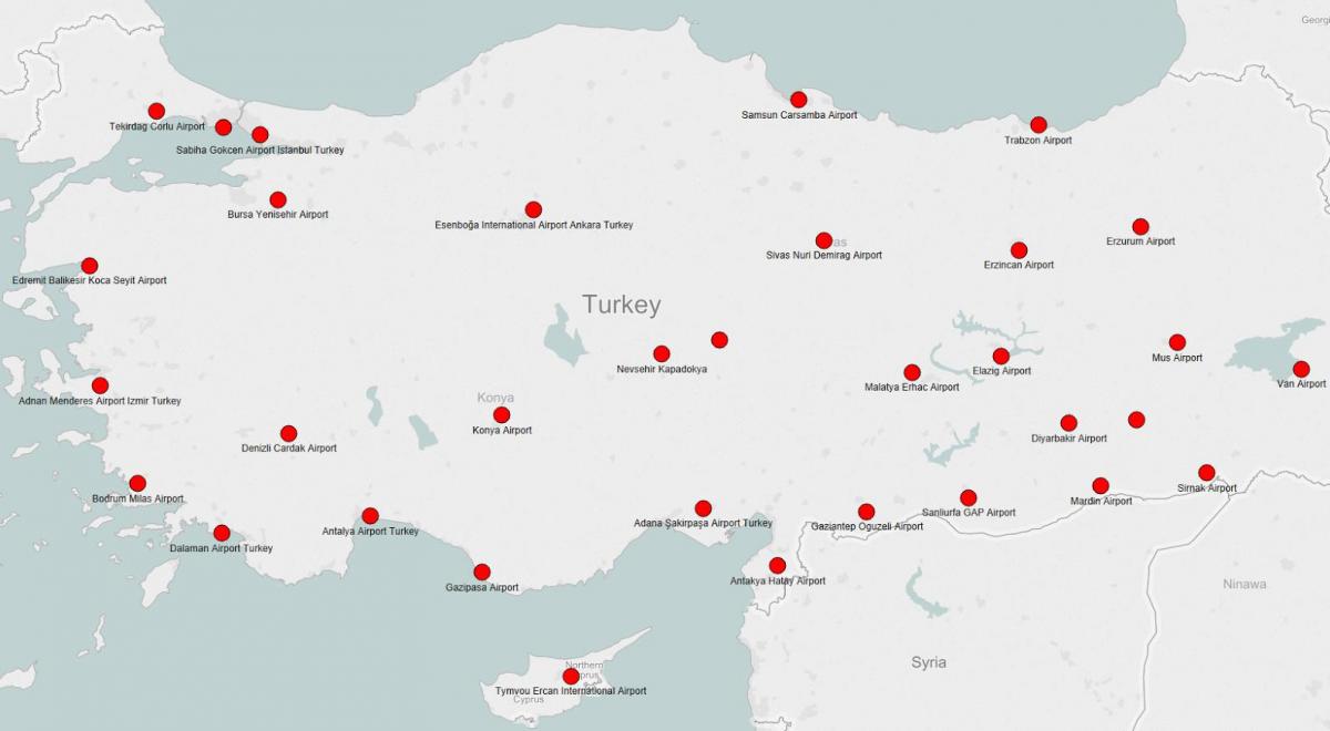 mapa Turecka ukazuje letišť