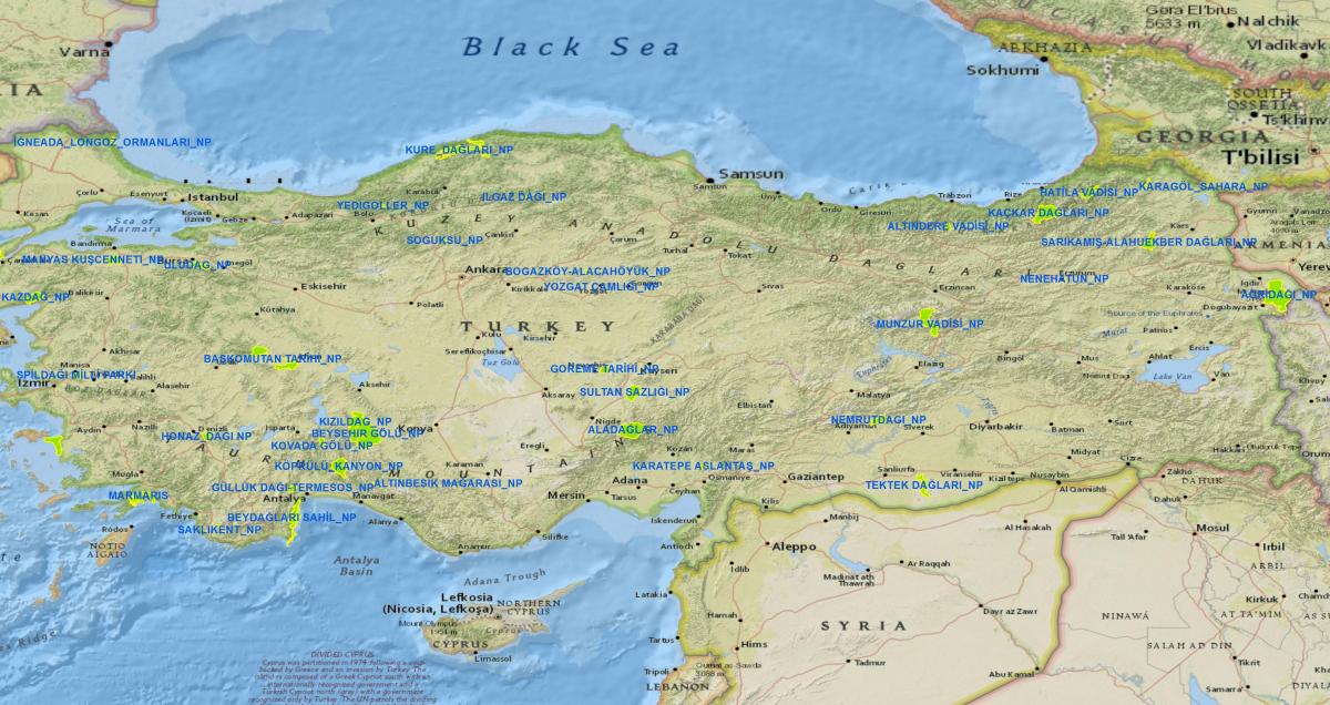 mapa Turecka národních parků
