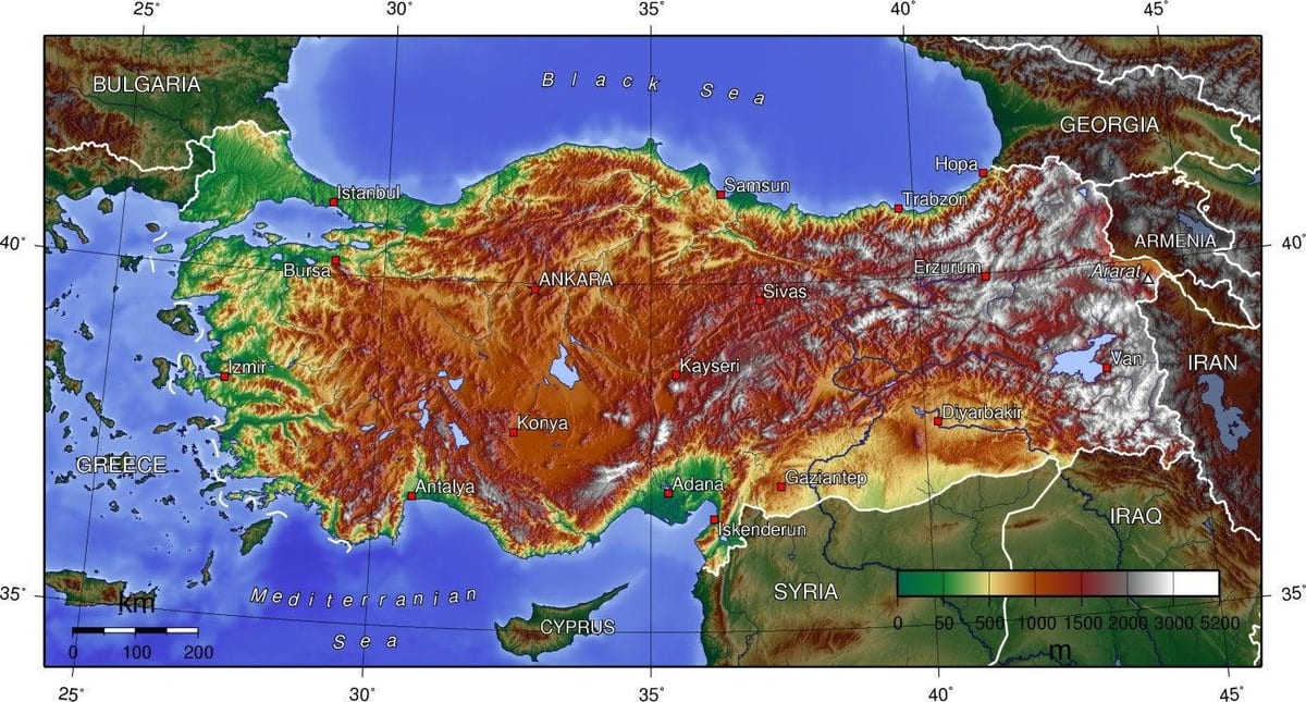 mapa Turecka nadmořská výška